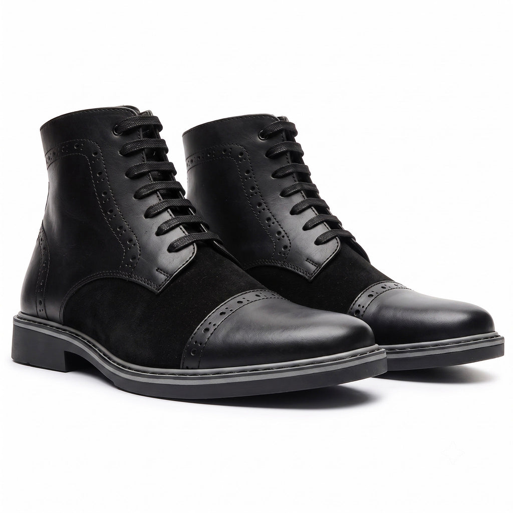 Botas En Cuero Y Gamuza Negra